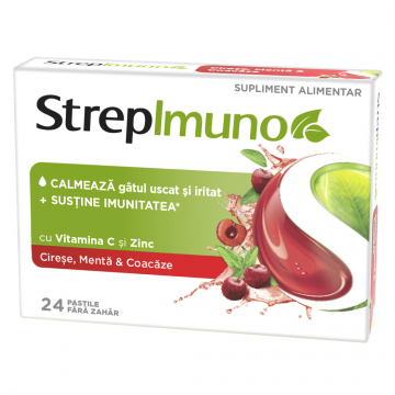 Strepimuno cu cirese, menta si coacaze, 24 pastile de supt, Reckitt Benckiser