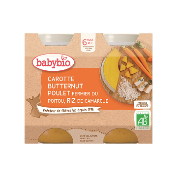 Babybio meniu morcovi cu dovleac butternut, pui și orez 2 x 200 g