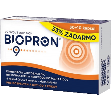 Biopron 9 Combinație de lactobacili, bifidobacterii și fructooligozaharide 40 capsule