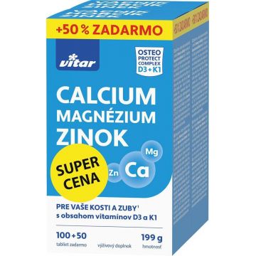 Vitar Calciu + Magneziu + Zinc + Vitamine D3 și K1 150 comprimate