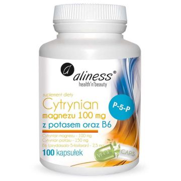 Citrat de magneziu 100 mg cu potasiu 150 mg, B6 (P-5-P) 100 capsule vege Aliness