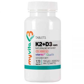 MyVita K2 + D3 Forte, vitamina K MK-7 din natto 100 µg + vitamina D 4000 UI, 120 tablete