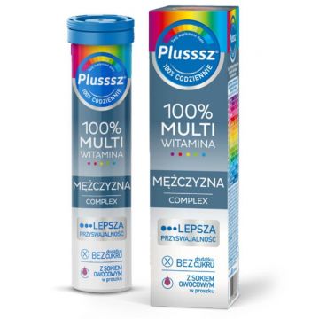 Plusssz 100% Complex Multivitaminic Masculin, aromă de mure și portocale, 20 comprimate efervescente