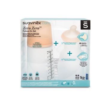Set Suavinex Zero Zero Zero, biberon anti-colic, cu tetină cu debit mediu și pungă de rezervă, peste 4 luni, 270 ml