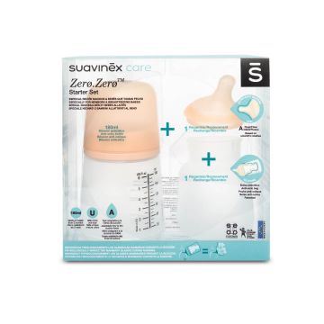 Set Suavinex Zero Zero Zero, biberon anti-colic, cu tetină cu debit reglabil și pungă de rezervă, de la naștere, 180 ml