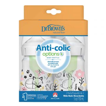 Dr Brown Anti-colic Options+, sticlă anti-colică, cu gât lat, pădure, 2 x 150 ml