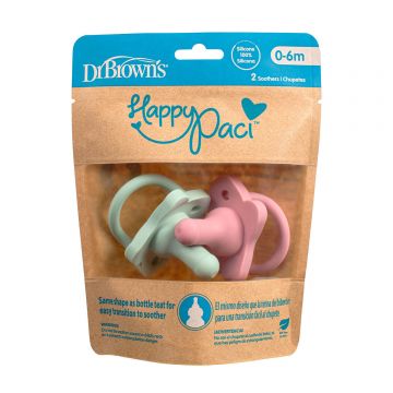 Dr Brown's Happy Paci, tetină pentru biberon în formă de manechin, silicon, roz/verde, 0-6 luni, 2 bucăți