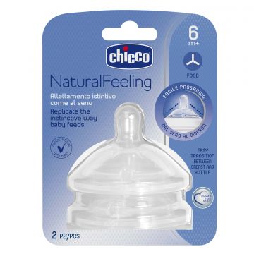 Chicco, NaturalFeeling tetină pentru biberon 6m +, flux de terci, după 6 luni, 2 bucăți