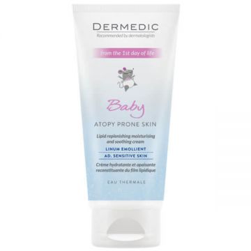 Dermedic Linum Emolient Baby, cremă hidratantă și calmantă cu suplimentarea lipidelor din prima zi de viață, piele uscată, atopică, cu simptome de psoriazis, 100 ml