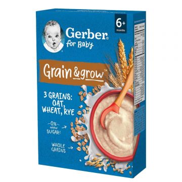 Gerber Grain & Grow Oatmeal-Wheat-Rye Porridge, lapte, fără zahăr adăugat, după 6 luni, 200 g