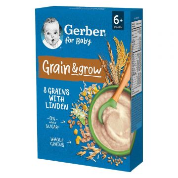 Gerber Grain & Grow Porridge 8 cereale cu lime, fără lapte, fără zahăr adăugat, după 6 luni, 200 g