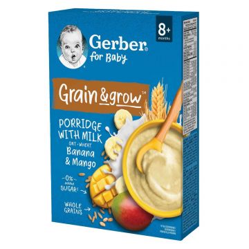 Gerber Grain & Grow Terci de ovăz și grâu, banane, mango, lapte, fără zahăr adăugat, după 8 luni, 200 g