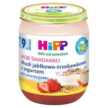 HiPP Moje Śniadanko Bio, muesli de mere și căpșuni cu iaurt, după 9 luni, 160 g