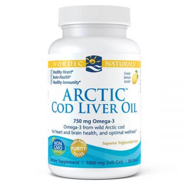 Nordic Naturals Arctic Cod Liver Oil, aromă de lămâie, 90 capsule