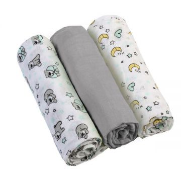 BabyOno, scutec din muselină, 70 cm x 70 cm, gri, 3 buc