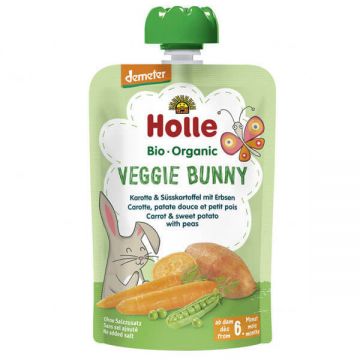 Holle Bio Veggie Bunny, mousse de legume într-un tub, morcov, cartof dulce, mazăre, după 6 luni, 100 g
