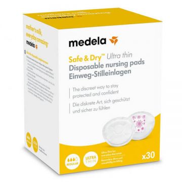 Medela, tampoane de sân de unică folosință, super-subțiri, Safe & Dry, 30 bucăți