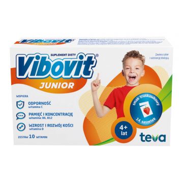 Vibovit Junior, pentru copii cu vârsta cuprinsă între 4-12 ani, aromă de căpșuni, 14 pliculețe