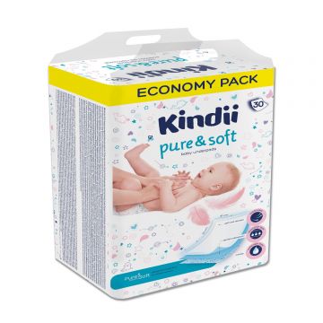 Kindii Pure & Soft, absorbante de unică folosință pentru copii, 60 cm x 40 cm, 30 bucăți
