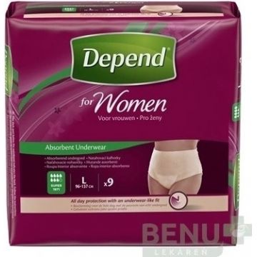 DEPEND SUPER L pentru femei 1×9 buc, slip elastic, circumferința șoldului 95-130 cm
