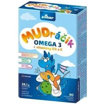 MUDráčik Omega 3 + Vitamine D3, E 1×60 cps, capsule masticabile cu aromă tutti-frutti