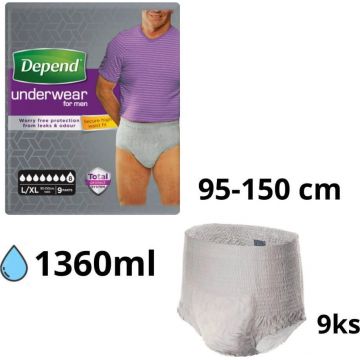 DEPEND SUPER L/XL pentru bărbați 1x9 buc, slip elastic, circumferința șoldului 95-150 cm