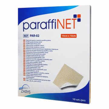 ParaffiNet, pansament de tifon învelit în parafină, steril, 10 cm x 10 cm, 10 bucăți