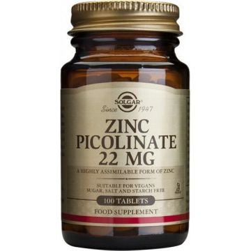 Solgar Zinc 22 mg Zinc Picolinat 100 comprimate 1×100 tbl, supliment alimentar