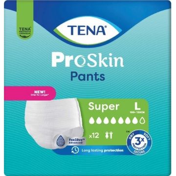 TENA PANTS SUPER LARGE 1×12 buc, chiloți absorbanți elastici, absorbție 2010 ml, circumferința șoldului 100-135 cm