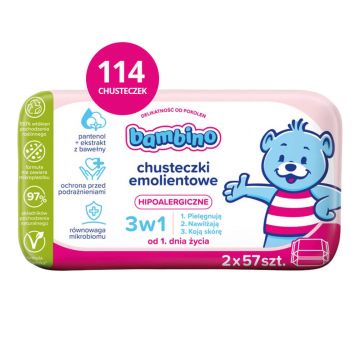 Bambino, șervețele emoliente 3in1, pachet de două, 2 x 57 bucăți