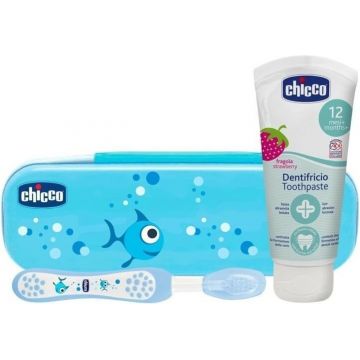 CHICCO Set periuță de dinți și pastă de dinți cu cutie Always Smiling albastru 12m + 1×1 buc
