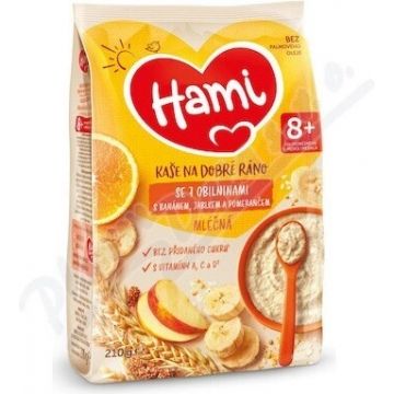 HAMI Terci de lapte cu 7 cereale cu banane, mere și portocale 1×210 g, terci de fructe