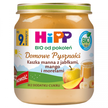 HiPP Homemade Deliciousness Bio, terci de semolă cu mere, mango și caise, după 9 luni, 200 g
