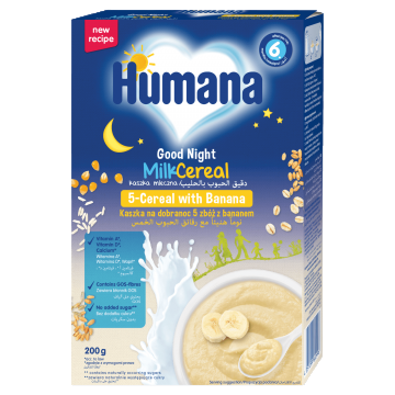 Humana Bedtime porridge 5 cereale cu banane, lapte, fără zahăr adăugat, după 6 luni, 200 g