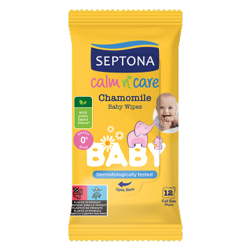 Septona Baby Calm n Care, șervețele umede, mușețel, de la 1 zi de viață, 12 bucăți