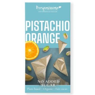 Ciocolata alba bio cu fistic si portocale, 60 g, Benjamisimo