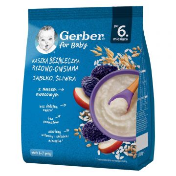 Gerber terci de orez și ovăz, mere, prune, fără lapte, fără zahăr adăugat, după 6 luni, 160 g