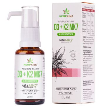 HempKing Vitamine naturale D3 + K2 MK7 în ulei de cânepă, picături, 30 ml