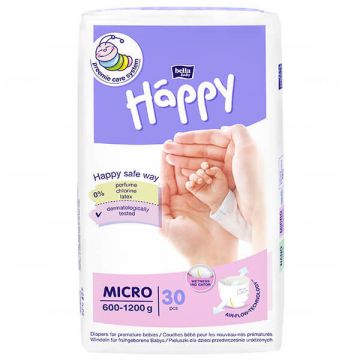 Bella Baby Happy, scutece, mărimea Micro pentru copii prematuri 600-1200 g, 30 buc