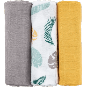 Petite&Mars Set de scutece din muselină de bambus Moussy Ochre Leaves, 68 x 68 cm 3 buc