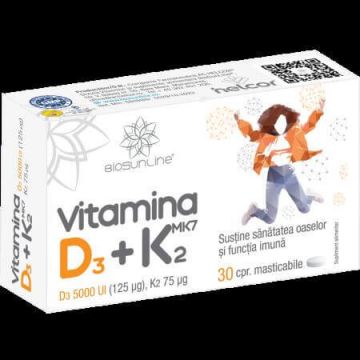 Vitamina D3 + K2, 30 comprimate masticabile, BioSunLine
