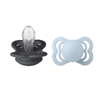 Bibs Supreme, suzetă, silicon, simetric, mărimea 1, Iron & Baby Blue, de la naștere, 2 bucăți