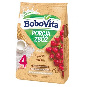 BoboVita Porcja Zbóż cereale de orez, zmeură, lapte, fără zahăr adăugat, după 4 luni, 210 g