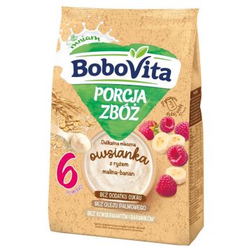 BoboVita Porcja Zbóż Fulgi de ovăz delicați cu orez, zmeură-banană, fără zahăr adăugat, după 6 luni, 210 g