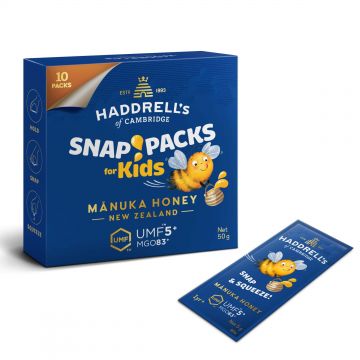 Haddrell's Manuka Snap Pack Kids, pliculețe de miere de Manuka UMF 5+ MGO 83+, 10 x 5 g