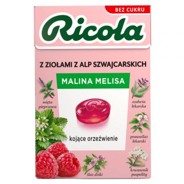 Ricola Raspberry and Melissa, bomboane elvețiene pe bază de plante, fără zahăr, 27.5 g