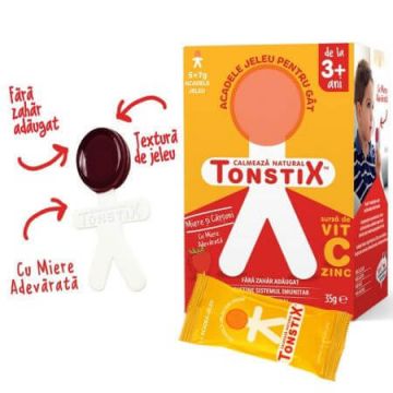 Acadele tip jeleu cu miere si aroma de capsuni Tonstix, 5 x 7 g, Pharmaexcell