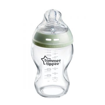 Biberon din sticla cu tetina din silicon cu autosterilizare pentru 0 luni+ Natural Start, 250ml, Tommee Tippee