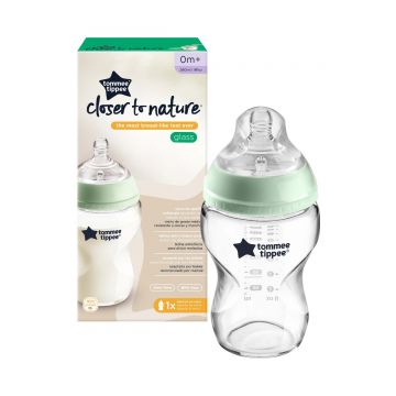Biberon din sticla cu tetina din silicon cu autosterilizare pentru 0 luni+ Natural Start, 250ml, Tommee Tippee