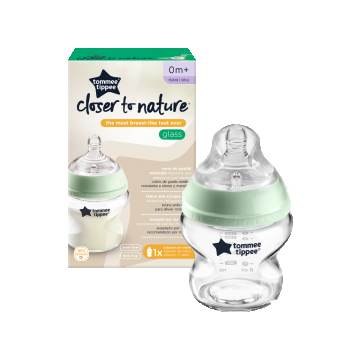 Biberon din sticla cu tetina din silicon si autosterilizare pentru 0 luni+ Natural Start, 150ml, Tommee Tippee